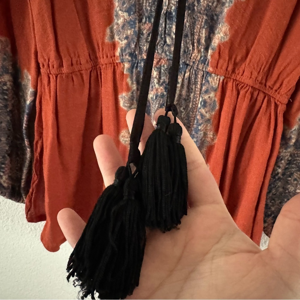 Free People Wildest Moment Rust Paisley Lace-Up Tunic Large Boho Romantic - Picture 8 of 16